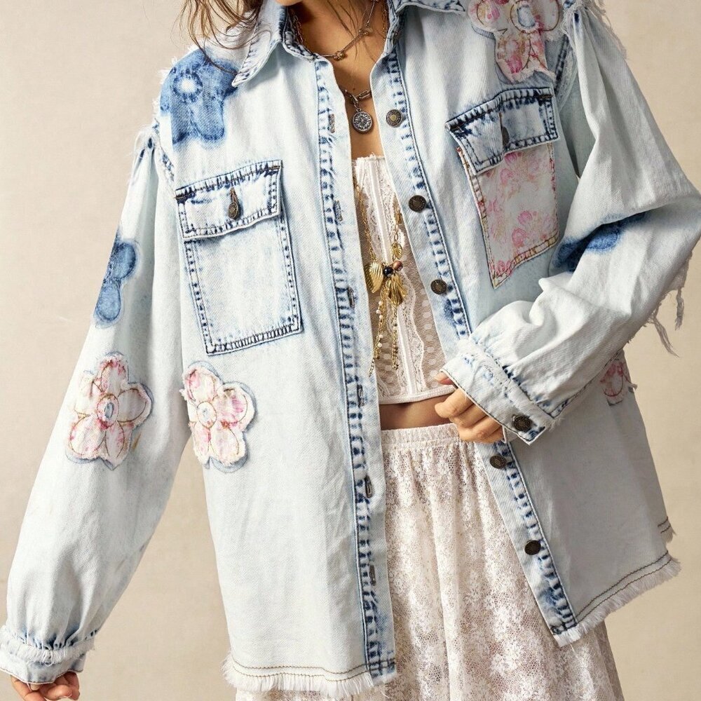 Blue Casual Women's Woven Patchwork Floral Long Sleeve Loose Wash Denim Shirt - Picture 4 of 7